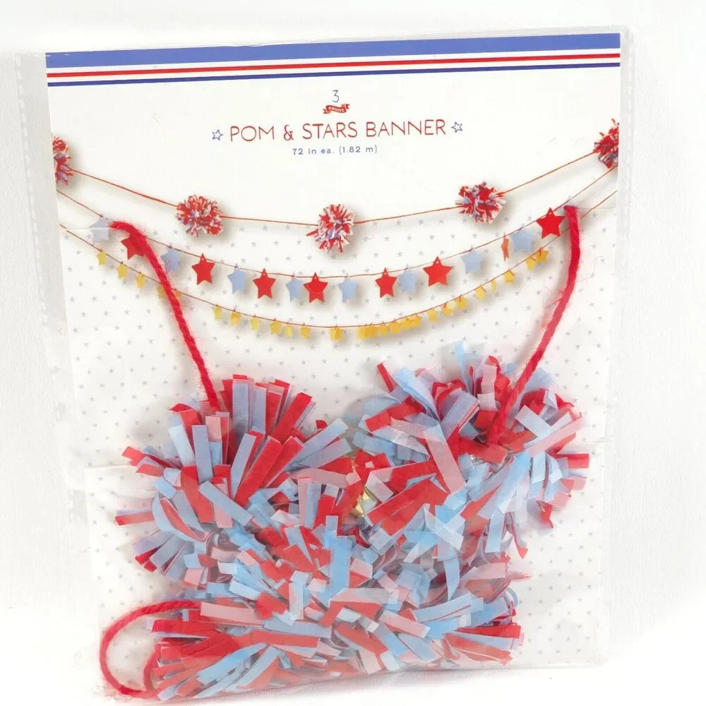 3 Pack Target Crepe Paper Pom & Stars Banner Red White & Blue 72 in. (1.82m) NEW